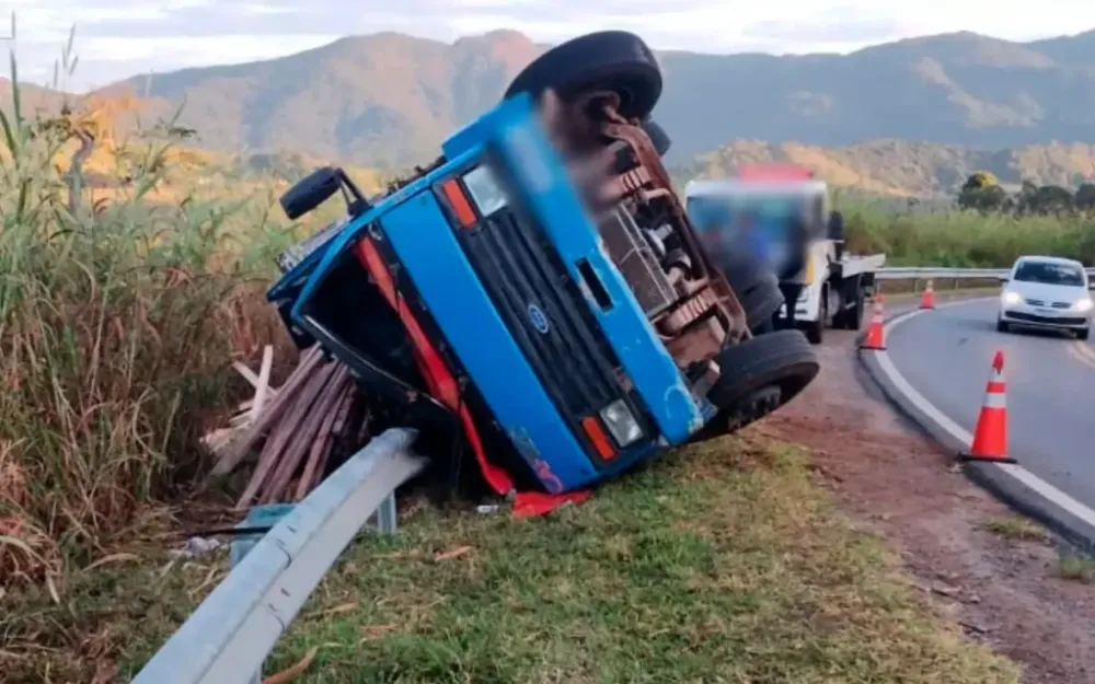 Caminhão carregado de madeira tomba após perder controle em curva