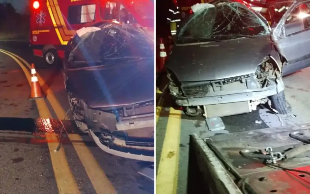 Carro fica destruído após capotamento na Rodovia Benevenuto Moretto, em Bragança Paulista