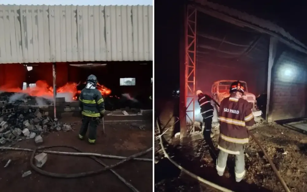 Galpão é destruído por fogo em carvoaria, e bombeiros evitam propagação das chamas