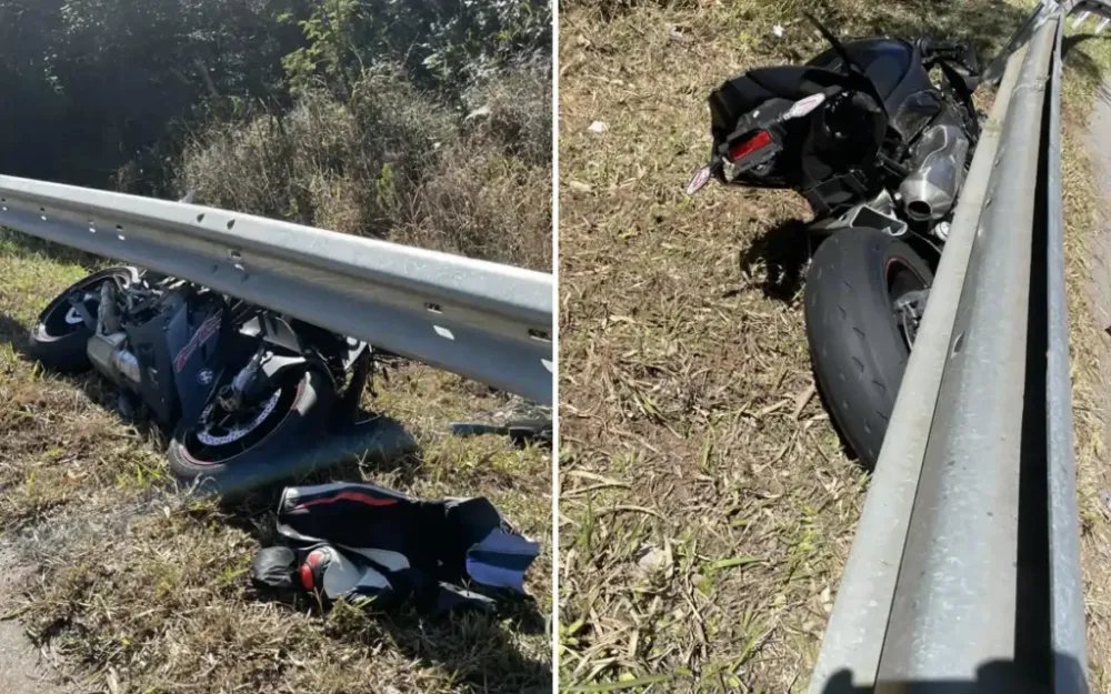 Motociclista fica gravemente ferido após perder controle e colidir com defensa metálica